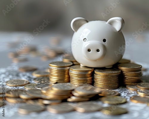 Saving money in an economic crisis, minimal style, simple background, clear focus on saving strategies, symbolizing financial prudence.