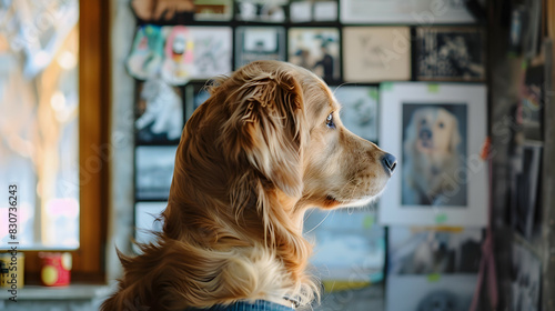 Golden retriever sideways facing with a vision board, image board on the background. creative concept photo