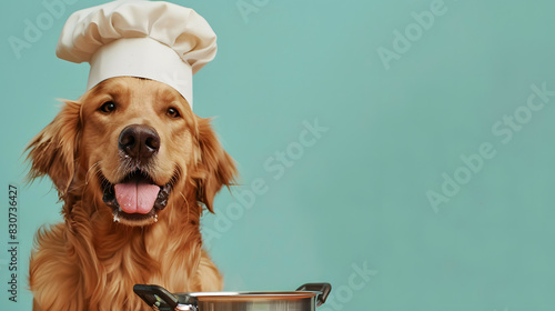 Golden retreiver dog wearing chef hat, cooking represent creativity on pastel background. photo