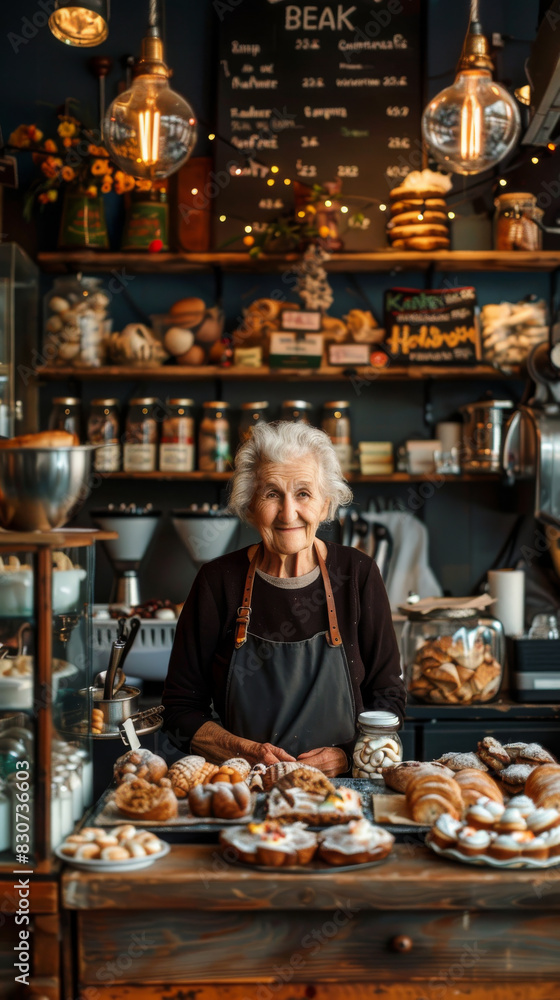Elderly Woman Smiling in a Cozy Bakery Surrounded by Fresh Pastries
