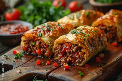 Kohlrouladen - Cabbage rolls stuffed with ground meat and rice, served with tomato sauce. photo