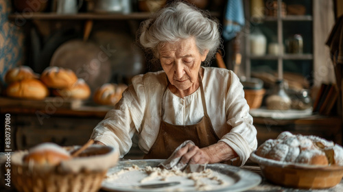 Elderly Woman Baking Traditional Pies in Rustic Kitchen