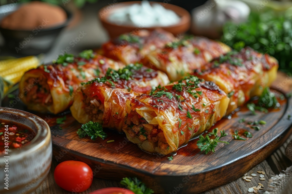 Kohlrouladen - Cabbage rolls stuffed with ground meat and rice, served with tomato sauce. Kohlrouladen - Cabbage rolls stuffed with ground meat and rice, served with tomato sauce.
