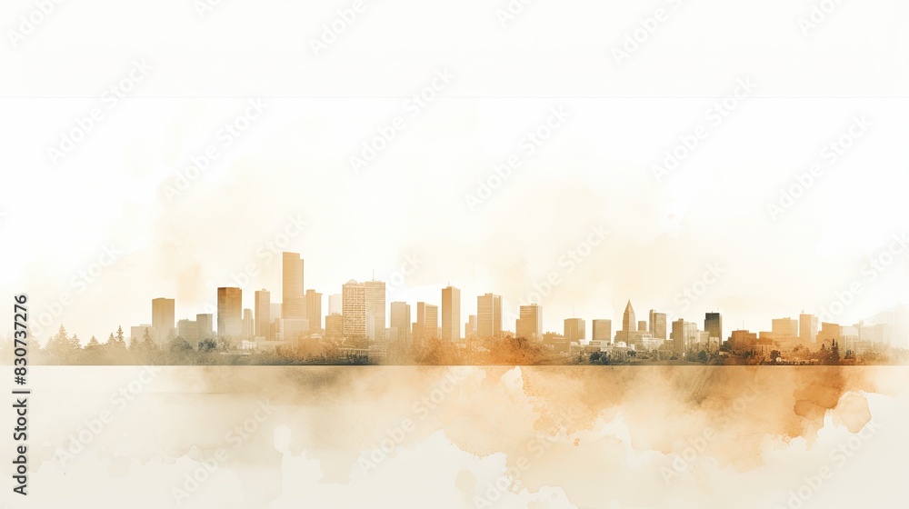 Obraz premium Watercolor panorama of a city in pastel color, white background. Silhouette of buildings watercolor