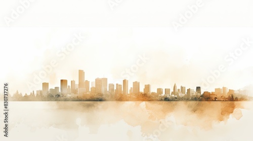 Watercolor panorama of a city in pastel color, white background. Silhouette of buildings watercolor