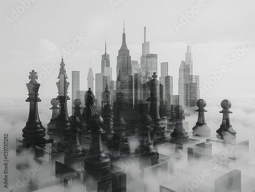 Urban chess strategy, Cities plotted like grandmaster strategies in a chess game, minimal style photo