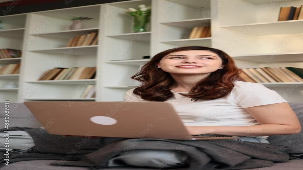 Vertical video of beautiful young woman relaxing at home or working online browsing products in internet store reading news checking email or social media profile on laptop computer on couch indoors Vertical video of beautiful young woman relaxing at home or working online browsing products in internet store reading news checking email or social media profile on laptop computer on couch indoors