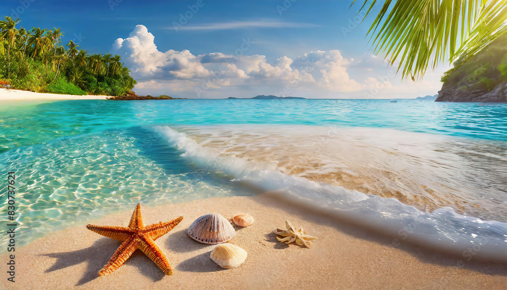 A tropical island's coastline featuring sandy shores, ocean waves, seashells, and starfish A tropical island's coastline featuring sandy shores, ocean waves, seashells, and starfish