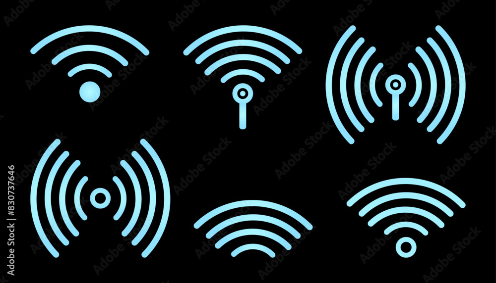 Wi-Fi Blue Wireless signal. Sensor Symbol of neon glow effect. Icon Set of Wireless sound wave. Technology Internet router, Sonar sound. Vector isolated illustration. Wi-Fi Blue Wireless signal. Sensor Symbol of neon glow effect. Icon Set of Wireless sound wave. Technology Internet router, Sonar sound. Vector isolated illustration.