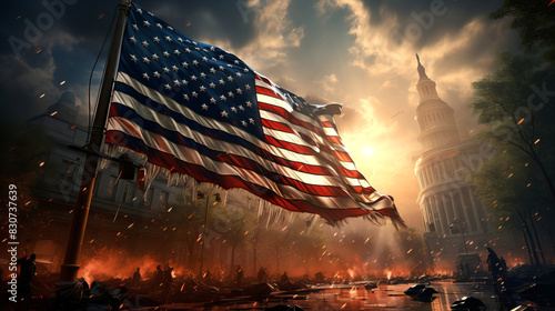 An American flag waves in a dramatic sunset over a scene of turmoil and destruction with the U.S. Capitol building in the background. photo