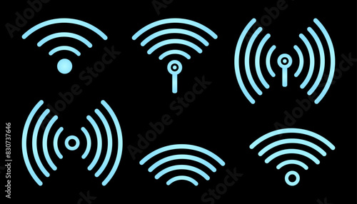  Wi-Fi Blue Wireless signal. Sensor Symbol of neon glow effect. Icon Set of Wireless sound wave. Technology Internet router, Sonar sound. Vector isolated illustration.