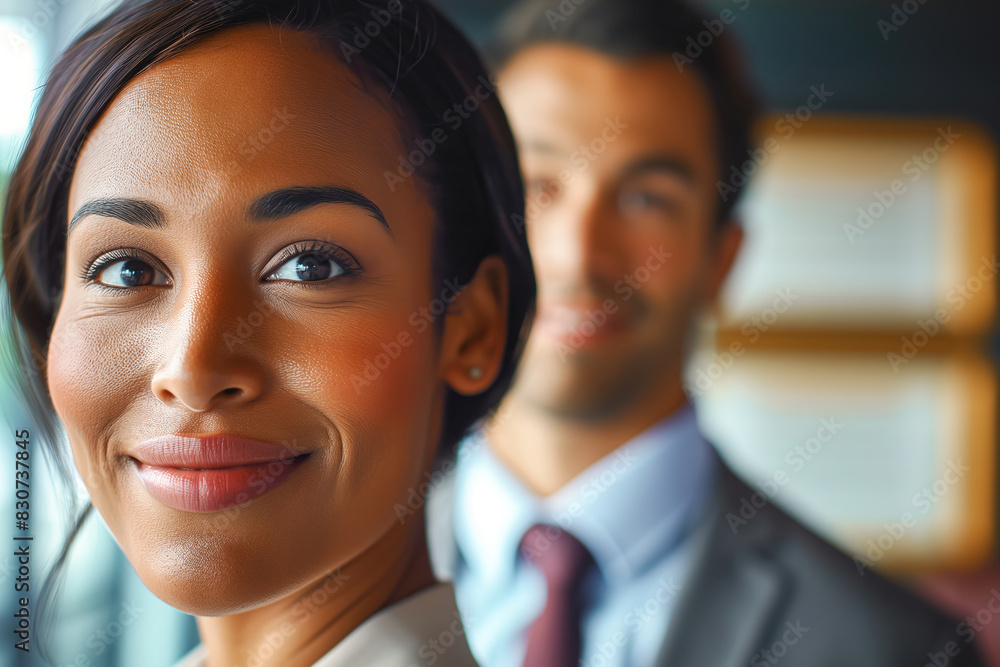 Smiling business man and woman of different races indoors Smiling business man and woman of different races indoors