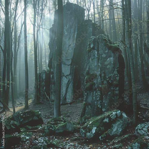 Mossy Rock Formation in a Forest at Sunrise © GestureShot