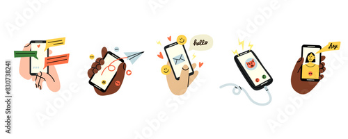 Smartphone communication. Hand hold phone. Chatting, video and text messages, letter mail. Device screen with people faces, facetime application. Gadget cartoon flat style isolated vector illustration