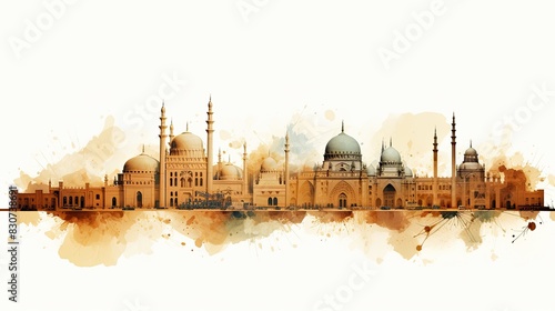 Watercolor panorama of Muslim city in pastel color, white background. Silhouette of buildings watercolor