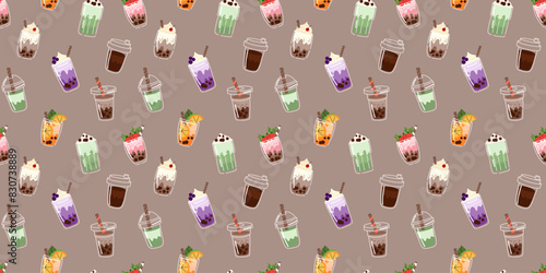 Bubble tea seamless pattern. Coffee and milkshakes with boba. Summer cold drink with tapioca pearls. Decor textile, wrapping, wallpaper design. Print for fabric, doodle cartoon isolated illustration