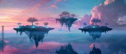 Surreal landscape with floating islands and bioluminescent plants