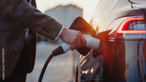 Ladesäule in der Stadt für Elektromobilität, elektromobilität, ladestation, aufladen, zukunft, nachhaltig, umweltfreundlich, business mann, mann, laden, ladestation, auto, elektrofahrzeug, elektroauto