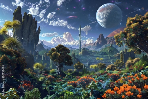 Describe the experience of a human visiting a planet where plants are the dominant species photo