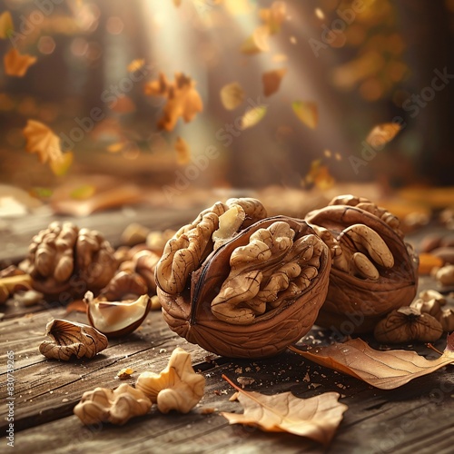 Autumn Harvest: Fresh Walnuts with Fall Leaves