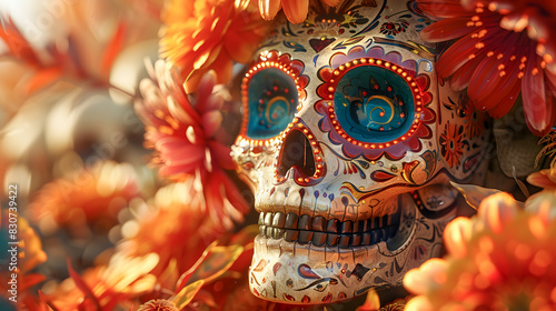 Day of the dead background with skull mask, candles and flowers, front view, close up. Holiday banner with dia de los muertos skull for postcard, poster, web site, greeting invitation. Copy Space. photo