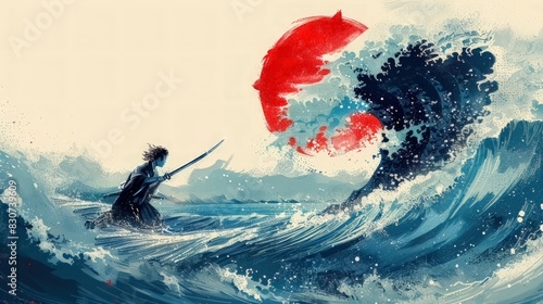 A Japanese warrior in traditional clothing brandishes a sword while confronting the ocean. The dramatic scene is enhanced by a towering wave and a red circle symbolizing the rising sun, making it vers photo