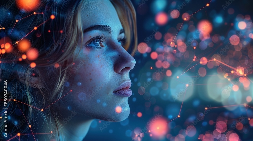 Young woman with freckles and bokeh light image copy space. Abstract connections. Human and digital world banner background blurred. Data visualization concept photography copyspace Young woman with freckles and bokeh light image copy space. Abstract connections. Human and digital world banner background blurred. Data visualization concept photography copyspace