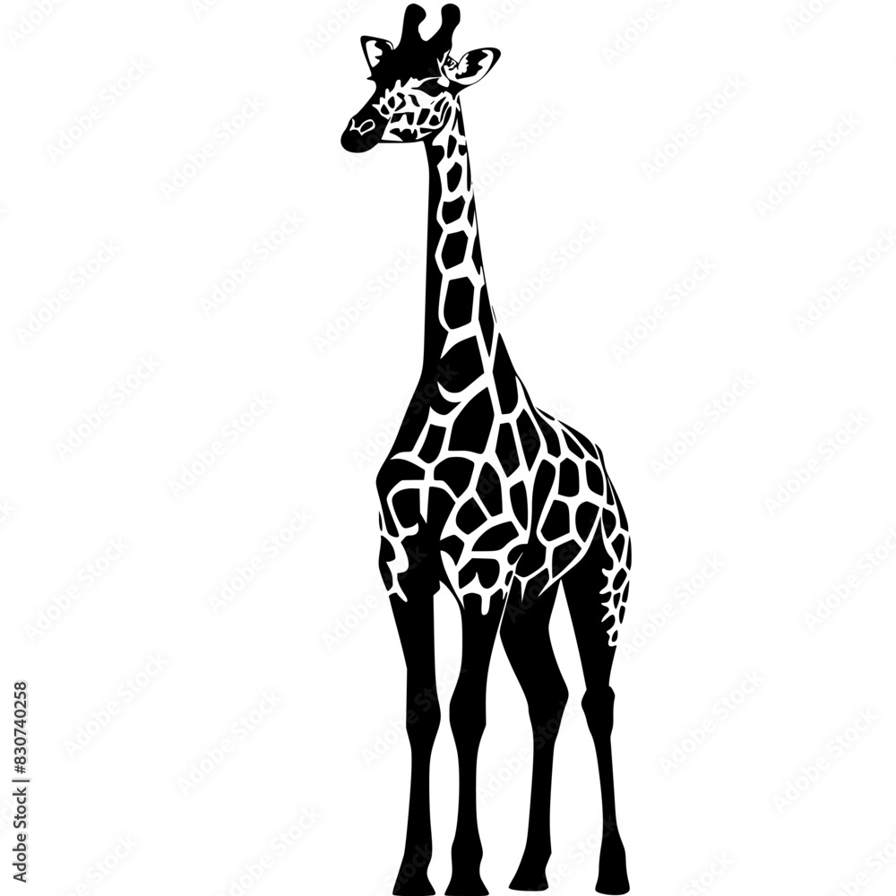 Obraz premium Silhouette of a Standing Giraffe, Black and white silhouette of a giraffe standing tall, showcasing its distinctive patterned coat and long neck.