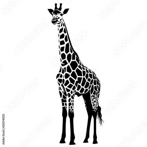 Silhouette of a Standing Giraffe, Black and white silhouette of a giraffe standing tall, showcasing its distinctive patterned coat and long neck.