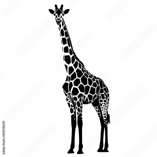 Silhouette of a Standing Giraffe, Black and white silhouette of a giraffe standing tall, showcasing its distinctive patterned coat and long neck.