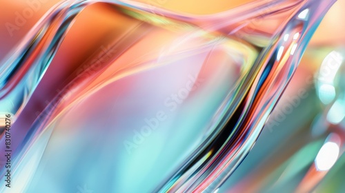 Macro glass 3d Y2K render abstract background. Transparent glassmorphism modern texture. Holographic curved wave in motion. Gradient design element.