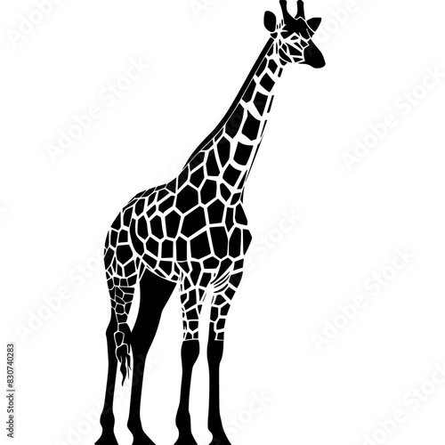 Silhouette of a Standing Giraffe  Black and white silhouette of a giraffe standing tall  showcasing its distinctive patterned coat and long neck.