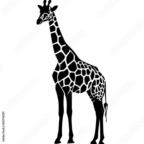 Silhouette of a Standing Giraffe  Black and white silhouette of a giraffe standing tall  showcasing its distinctive patterned coat and long neck.