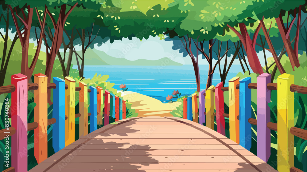 Wooden roads with colorful fences are in the mangrove