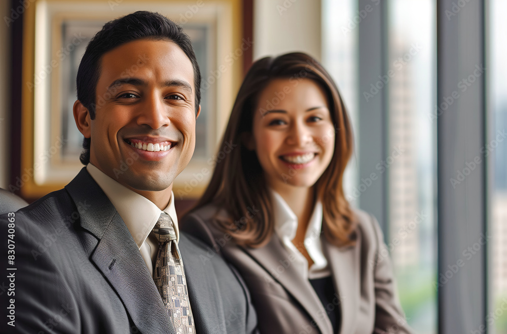 Smiling business man and woman of different races indoors Smiling business man and woman of different races indoors