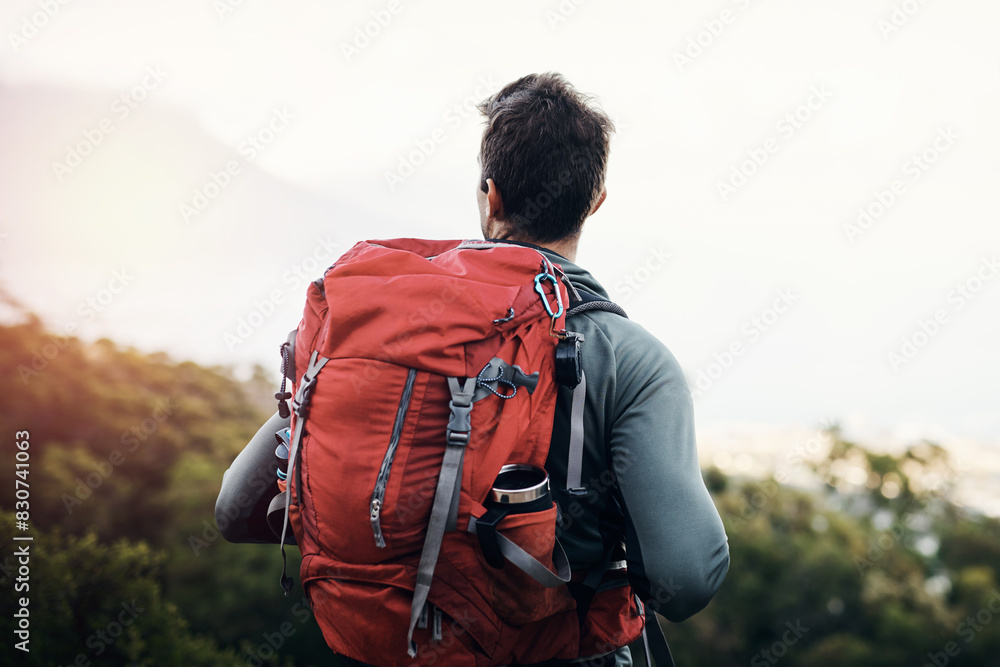 Hiker, backpack and nature for adventure, outdoor and person in mountains, fitness and sports of climbing. Sightseeing, healthy and man with supplies in bag, back and explore in forest and active Hiker, backpack and nature for adventure, outdoor and person in mountains, fitness and sports of climbing. Sightseeing, healthy and man with supplies in bag, back and explore in forest and active