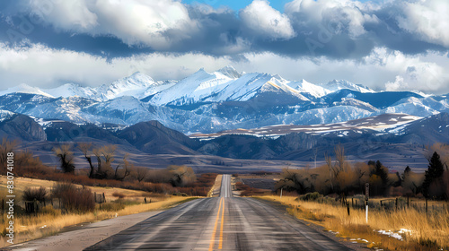 Beautiful vista of a narrow countryside road with rocky mountains covered in snow in the distance 