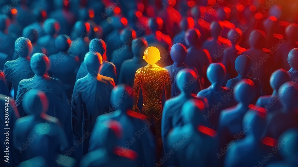 Obraz premium The business team leader leads the way towards the goal, with a group of blue figures following the gold-colored leader in a 3D visualization 