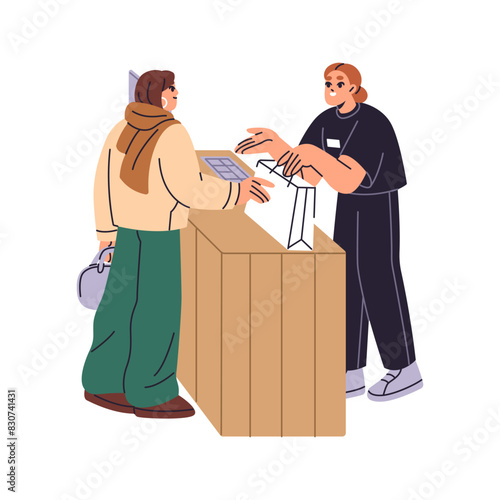 Woman pays purchases at checkout of clothes shop. Customer buys bags with garments in store. Seller works at the counter, sells goods at till in boutique. Flat isolated vector illustration on white