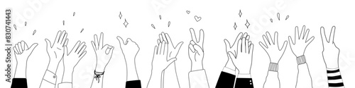 Doodle sketch hands up gestures comic icons silhouettes vector set. Group of line art fun comic hands in the air. Voting or happy congratulation audience recognition symbols.
