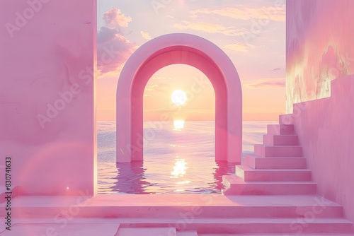 A pink archway leads to a pool of water photo