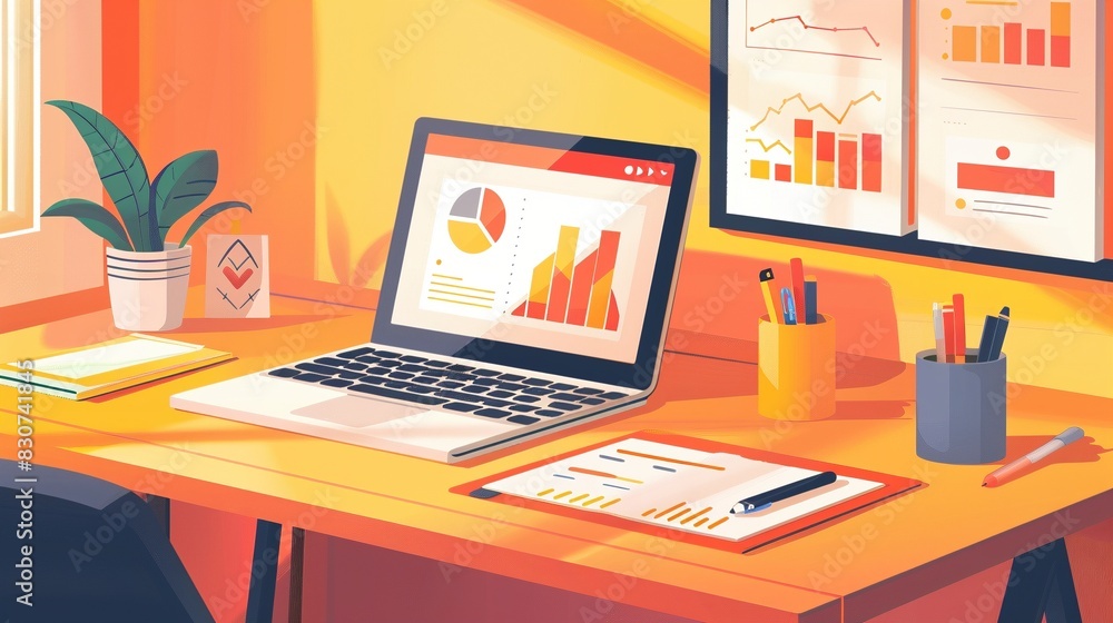 Workspace with laptop displaying charts and graphs 2D illustration ...