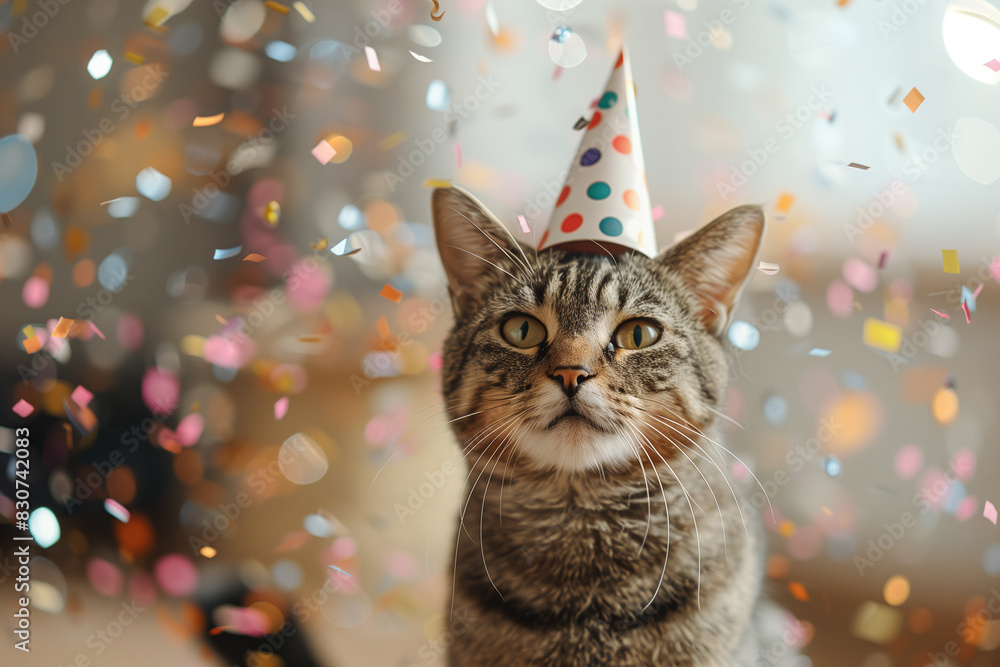 Happy Cute Cat in Party Hat Celebrating Birthday Surrounded by Falling Confetti Happy Cute Cat in Party Hat Celebrating Birthday Surrounded by Falling Confetti