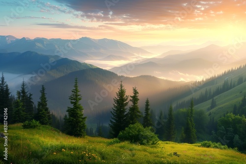 Morning Wild Nature Panorama in the Mountains