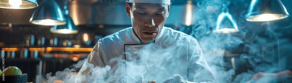 A chef tasting a sauce, close up, flavor perfection theme, futuristic, manipulation, bustling kitchen backdrop A chef tasting a sauce, close up, flavor perfection theme, futuristic, manipulation, bustling kitchen backdrop