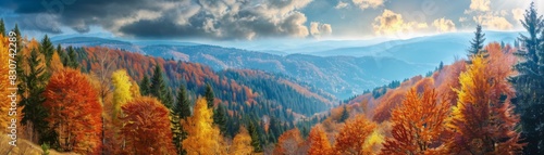 Vibrant Autumn Forest Landscape Under Cloudy Sky