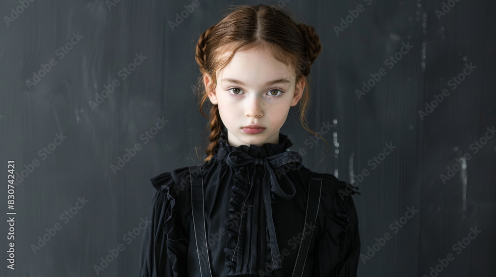 Serene Young Girl with Braided Hair Wearing Black Ruffled Dress