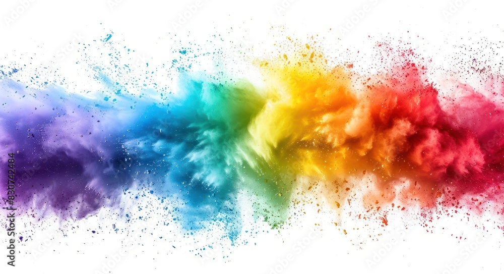 A colorful explosion of paint is splattered across a white background A colorful explosion of paint is splattered across a white background