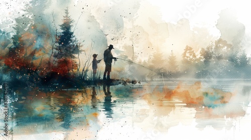 Father and Child: Fishing on Father's Day Watercolor Painting of Bonding Moment at Serene Lake