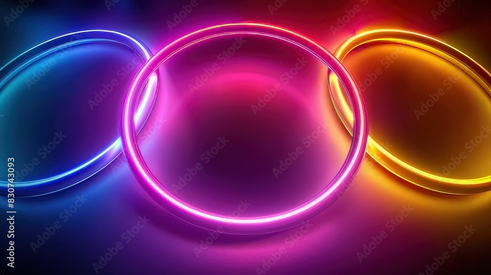 Obraz premium Vivid neon rings in shades of purple, yellow, and pink illuminate the international sports games, serving as an abstract symbol background to celebrate the first-place finish 